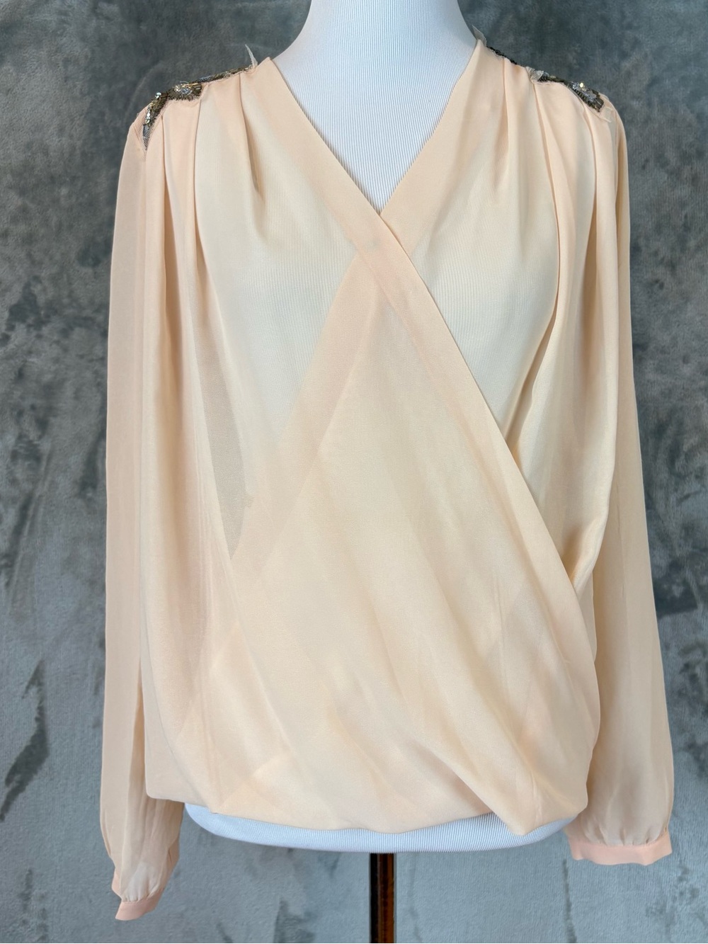 Elegant Beaded Peach Wrap-Style Blouse w/Embellished Shoulders Wmn’s M